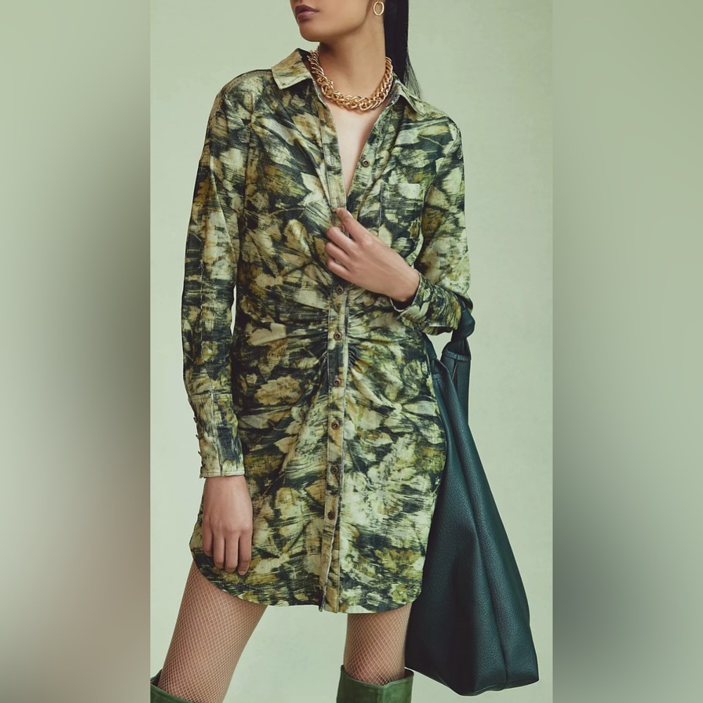 Anthropologie Pilcro Green Ruched Corduroy Button Down Shirt Dress Green size 0
